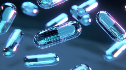 Glowing capsules floating in a futuristic space