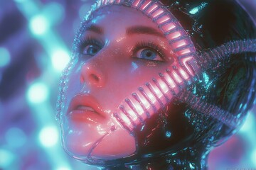 In a futuristic glow a figure gazes upward with luminous eyes encased in a sleek intricate helmet