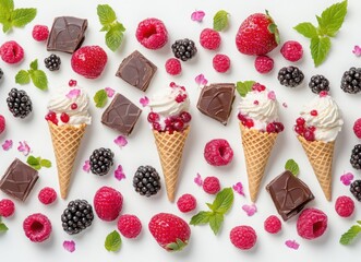 colorful ice cream with berries and chocolate in waffle cones, top view on white background