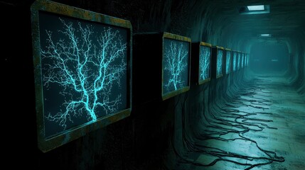 Illuminated network like structures glow eerily on screens lining a dark mysterious corridor