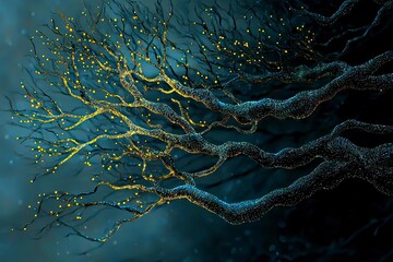 In the mystical forest branches adorned with glowing lights stretch into the night