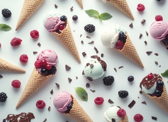 colorful ice cream with berries and chocolate in waffle cones, top view on white background