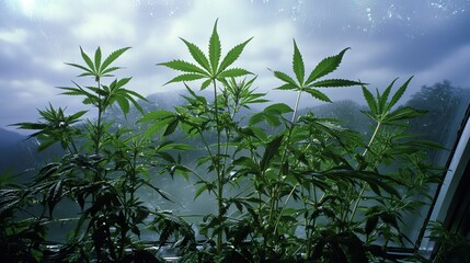 Tall cannabis plants reaching towards a sunlit window