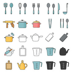 Catering thin line icon set. Containing fork, spoon, knife, plate, cloche, tray, chef hat, beverage, food, dining table, and waiter. Cutlery or tableware in restaurant, kitchen. Vector illustration