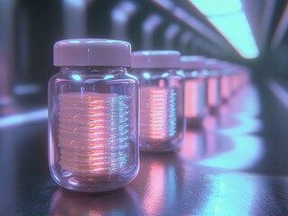 Rows of glowing futuristic jars illuminate a sleek metallic surface