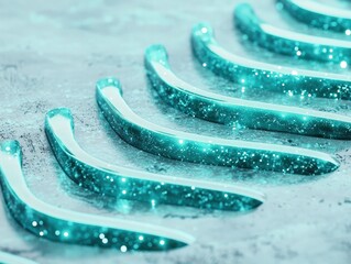 Shimmering turquoise glass sculptures gracefully curve against a textured background