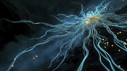Tangled luminous threads illuminate the dark landscape with a web of shimmering light