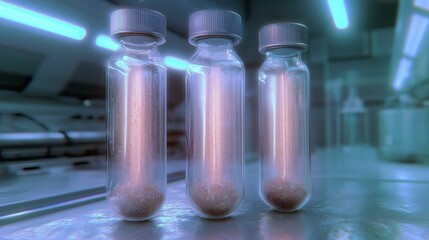 Three glass vials with metal lids containing small granules are lined up on a shiny laboratory counter