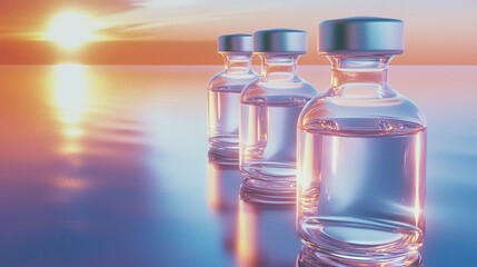 Three glass vials reflecting a serene sunset over a tranquil water surface