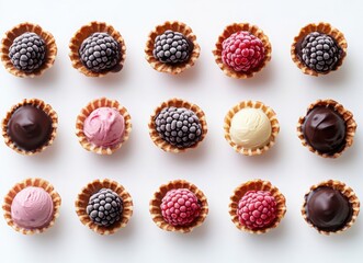 colorful ice cream with berries and chocolate in waffle cones, top view on white background
