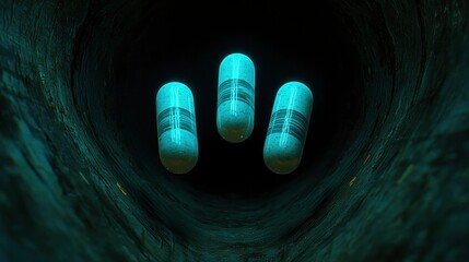 Three glowing capsules suspended in a dark textured tunnel
