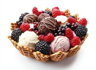 colorful ice cream with berries and chocolate in waffle cones, top view on white background