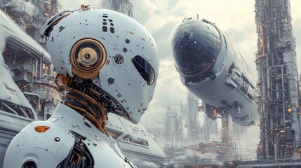 A humanoid steampunk robot with a sleek design, decorated with brass accents and gears, explores a futuristic world filled with tall airships and large steam-powered factories.