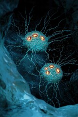 Two glowing otherworldly orbs with radiating tentacles float in a mystical dark cave