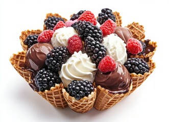 colorful ice cream with berries and chocolate in waffle cones, top view on white background