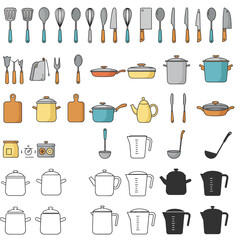 Catering thin line icon set. Containing fork, spoon, knife, plate, cloche, tray, chef hat, beverage, food, dining table, and waiter. Cutlery or tableware in restaurant, kitchen. Vector illustration