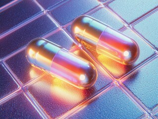 Two iridescent capsules glow on a reflective futuristic grid surface