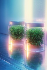 Two jars housing vibrant green plants are illuminated by soft ambient lighting