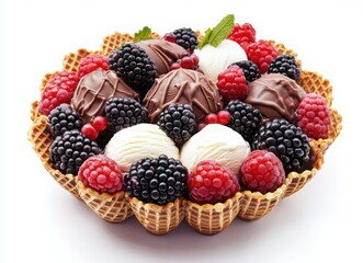 colorful ice cream with berries and chocolate in waffle cones, top view on white background