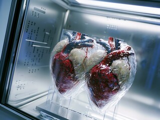 Two preserved human hearts are stored in a sterile refrigerated environment