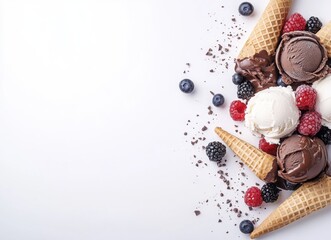 colorful ice cream with berries and chocolate in waffle cones, top view on white background