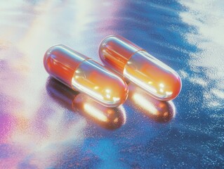Two luminous capsules rest on a shimmering reflective surface
