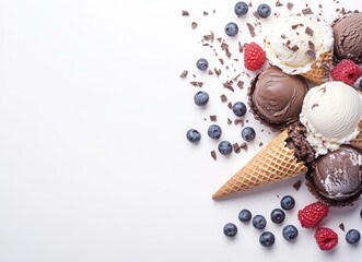 colorful ice cream with berries and chocolate in waffle cones, top view on white background