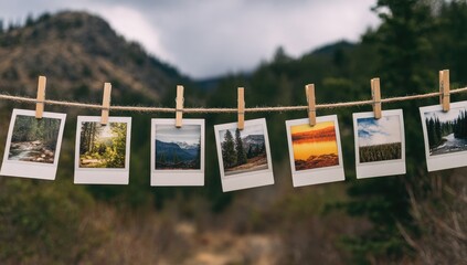 Polaroid photos hang on a clothesline outdoors