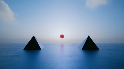 Two pyramids stand in a serene landscape beneath a red sphere against a tranquil sky