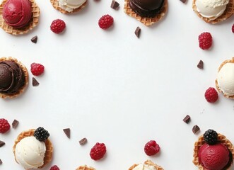 colorful ice cream with berries and chocolate in waffle cones, top view on white background
