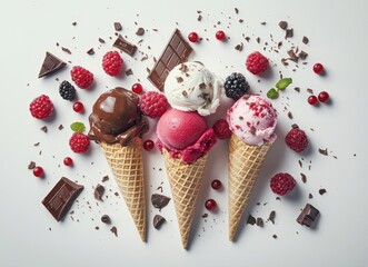 colorful ice cream with berries and chocolate in waffle cones, top view on white background