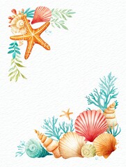 watercolor sea life border with starfish, seashells, and ocean coral in pastel tones, coastal themed blank center frame