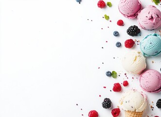 colorful ice cream with berries and chocolate in waffle cones, top view on white background