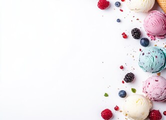 colorful ice cream with berries and chocolate in waffle cones, top view on white background