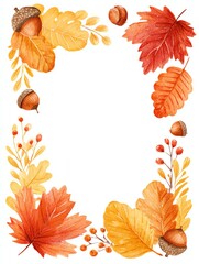 watercolor autumn leaves border in warm orange and red tones, with acorns and twigs, seasonal nature frame