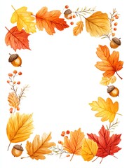 watercolor autumn leaves border in warm orange and red tones, with acorns and twigs, seasonal nature frame