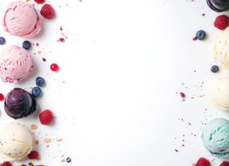 colorful ice cream with berries and chocolate in waffle cones, top view on white background