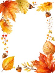 watercolor autumn leaves border in warm orange and red tones, with acorns and twigs, seasonal nature frame