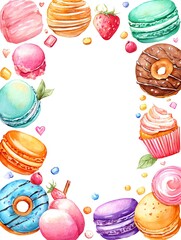 watercolor dessert border with cupcakes, macarons, donuts and candy, sweet pastel treats frame with white space center