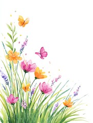 watercolor spring meadow border with butterflies, wildflowers and grass, delicate light composition frame