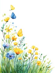 watercolor spring meadow border with butterflies, wildflowers and grass, delicate light composition frame