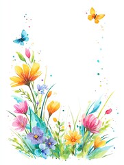 watercolor spring meadow border with butterflies, wildflowers and grass, delicate light composition frame