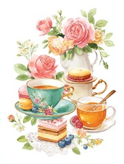 watercolor tea time border with teacups, roses, pastries and vintage lace, romantic cozy illustration
