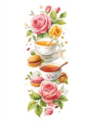watercolor tea time border with teacups, roses, pastries and vintage lace, romantic cozy illustration
