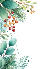watercolor forest foliage border with pine branches and wild berries, nature inspired soft edge frame, minimal white background