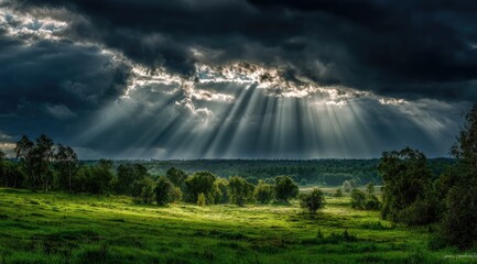 Sunbeams pierce a dramatic, dark sky above a tranquil landscape of lush green fields and a line of trees, creating a striking contrast of light and shadow