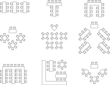 Seat plan icon set, Home, restaurant, seminar, school, top view, chair and table, V shape, architectural plan with blueprint, customizable stroke, vector, illustration	
