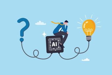 Artificial Intelligence, AI to help solving problem, innovation to develop idea, solution or automation, AI support or advice concept, businessman on AI chip help solving problem with lightbulb idea.
