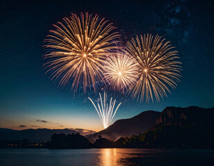 島から上がる花火と夜空と海（生成AI　Generated Image）	