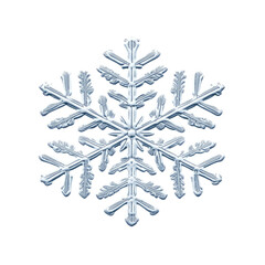 A single snowflake, detailed and intricate with clear edges, isolated on a white background. The snowflake is depicted in high resolution